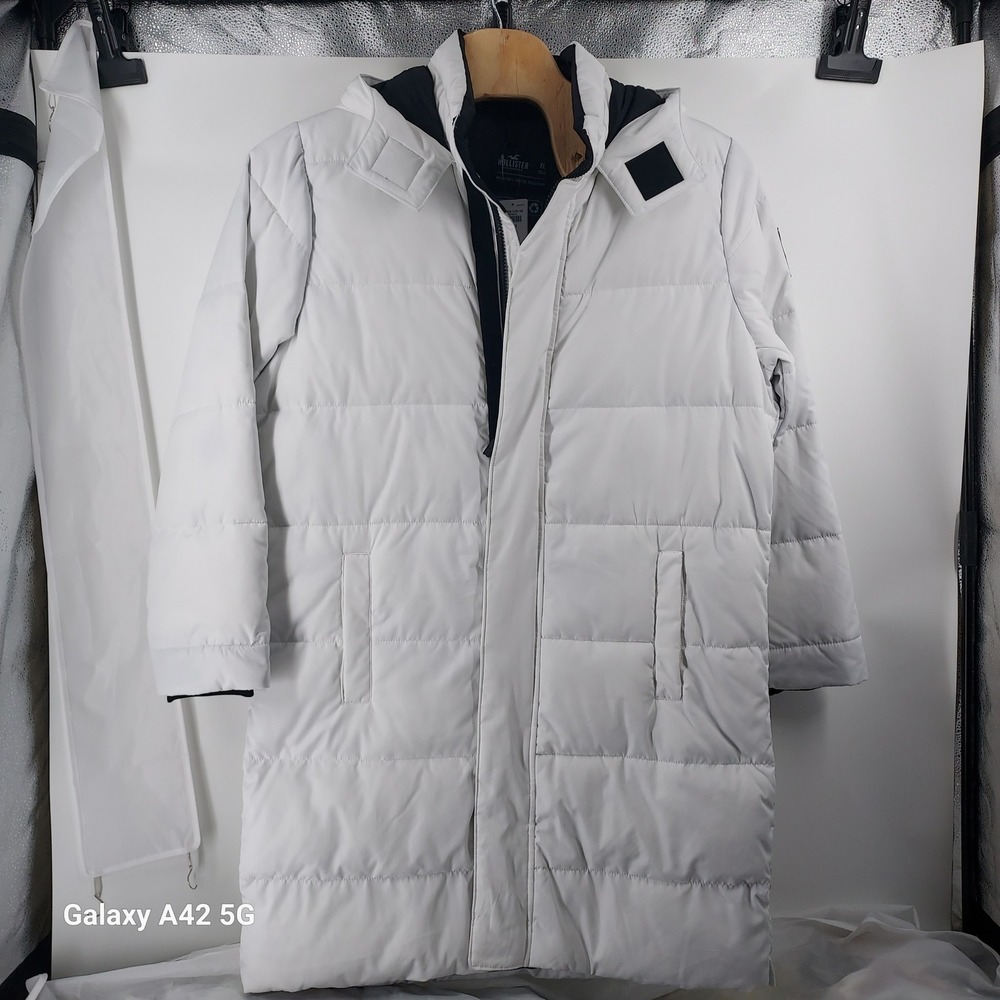 Hollister White Long Puffer Parka Jacket Hooded Recycled Fill 332-328-1479 XL